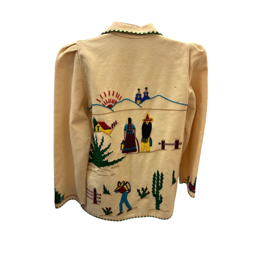 🧥 Vintage Lopez M Wool Jacket Cream Southwestern Embroidered Western Boho Coat - Picture 2 of 8